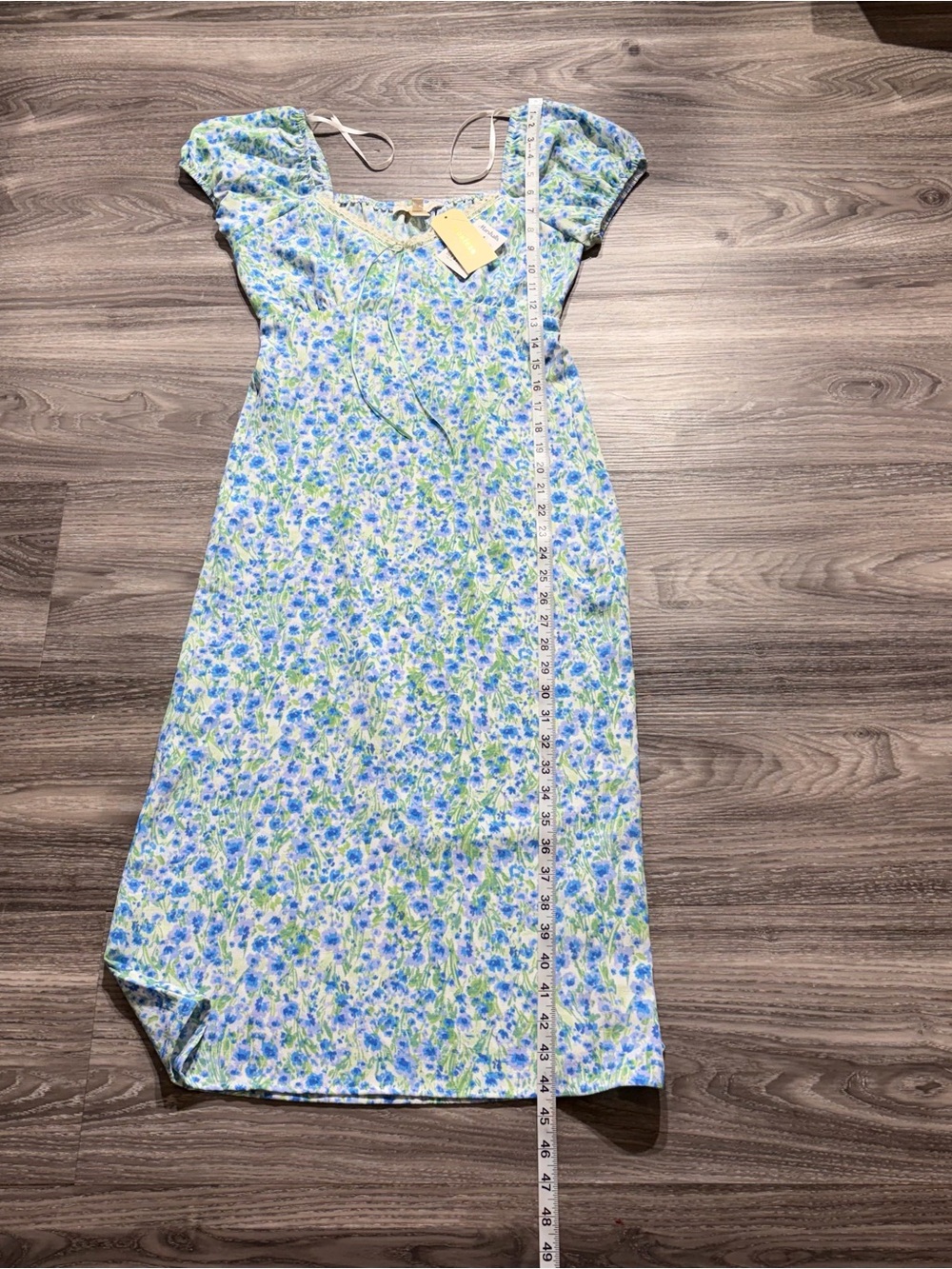 Monteau Blue & Green Floral Midi Dress with Puff Sleeves